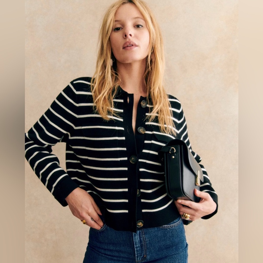 NWT Sezane Betty Cardigan Black Ecru Stripe Merino Wool, XXS